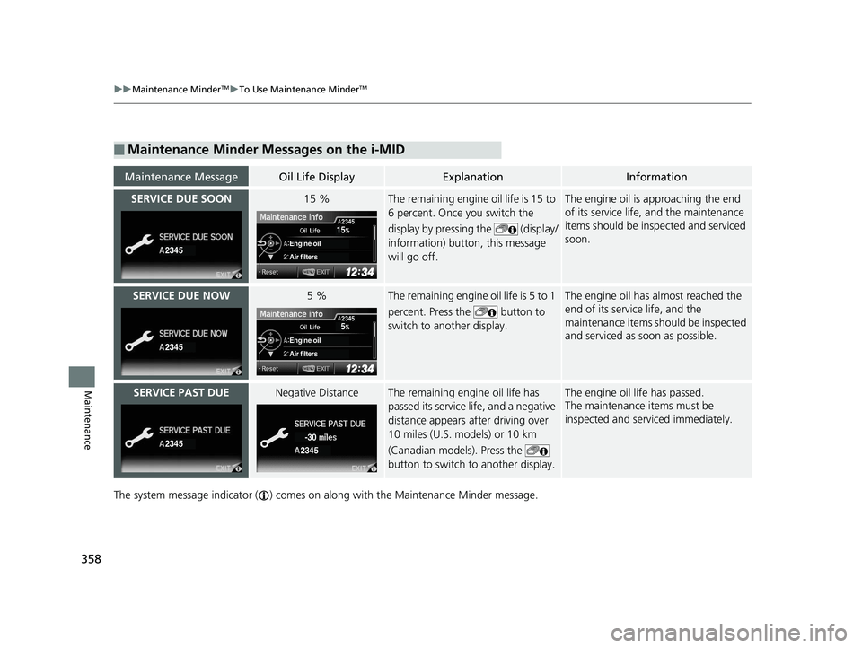 HONDA CIVIC SEDAN 2014 Owners Manual (in English) 358
uuMaintenance MinderTMuTo Use Maintenance MinderTM
Maintenance
The system message indicator ( ) comes on al ong with the Maintenance Minder message.
■Maintenance Minder Messages on the i-MID
Mai HONDA CIVIC SEDAN 2014 Owners Manual (in English) 358
uuMaintenance MinderTMuTo Use Maintenance MinderTM
Maintenance
The system message indicator ( ) comes on al ong with the Maintenance Minder message.
■Maintenance Minder Messages on the i-MID
Mai