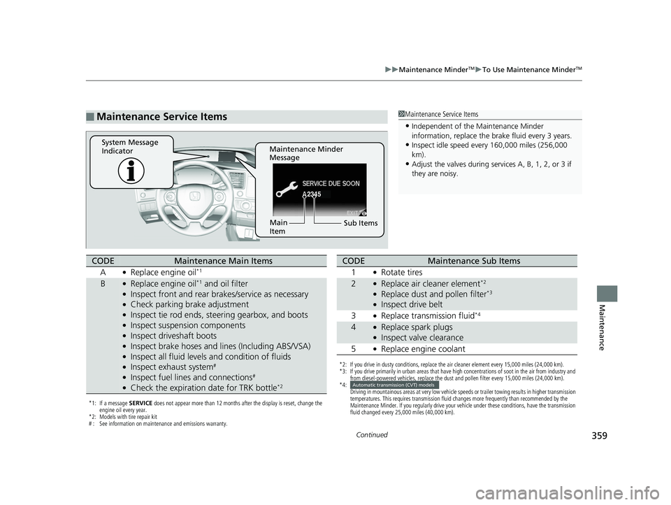 HONDA CIVIC SEDAN 2014 Owners Manual (in English) 359
uuMaintenance MinderTMuTo Use Maintenance MinderTM
Continued
Maintenance
■Maintenance Service Items1Maintenance Service Items
•Independent of the Maintenance Minder
information, replace the b HONDA CIVIC SEDAN 2014 Owners Manual (in English) 359
uuMaintenance MinderTMuTo Use Maintenance MinderTM
Continued
Maintenance
■Maintenance Service Items1Maintenance Service Items
•Independent of the Maintenance Minder
information, replace the b