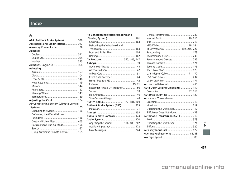 HONDA CIVIC SEDAN 2014  Owners Manual (in English) Index
457
Index
Index
A
ABS (Anti-lock Brake System)..................  339
Accessories and Modifications ................  347
Accessory Power Socket ...........................  159
Additives
Coolan