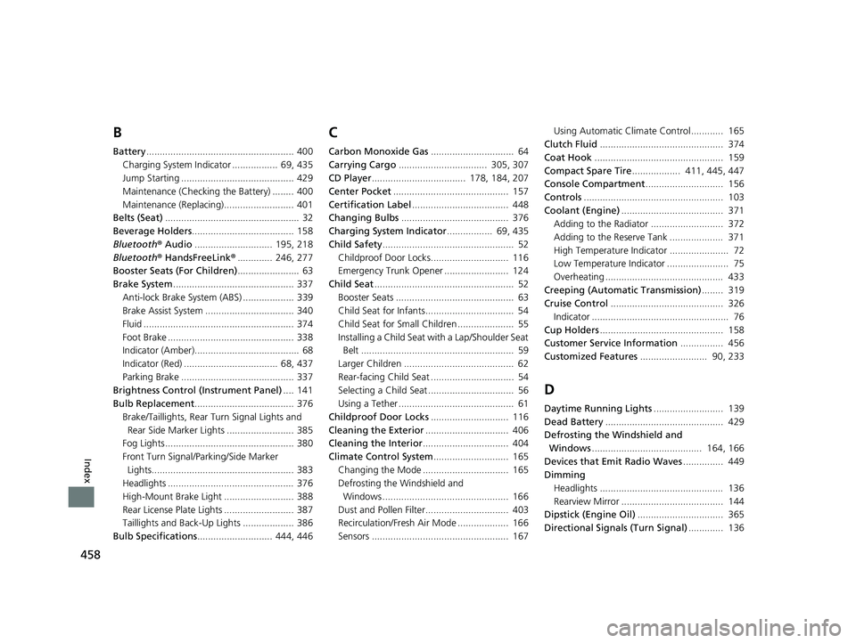 HONDA CIVIC SEDAN 2014  Owners Manual (in English) 458
Index
B
Battery....................................................... 400
Charging System Indicator .................  69, 435
Jump Starting .......................................... 429
Mainten