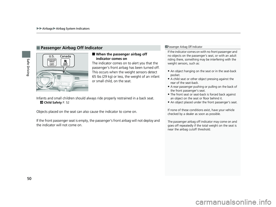 HONDA CIVIC SEDAN 2014   (in English) Workshop Manual uuAirbags uAirbag System Indicators
50
Safe Driving■When the passen ger airbag off 
indicator comes on
The indicator comes on  to alert you that the 
passenger's front airbag  has been turned of