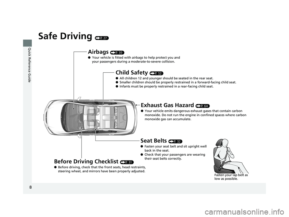 HONDA CIVIC SEDAN 2014 Owners Manual (in English) 8
Quick Reference Guide
Safe Driving (P 27)
Airbags (P 39)
● Your vehicle is fitted with ai rbags to help protect you and
your passengers during a moderate-to-severe collision.
Child Safety (P 52)
HONDA CIVIC SEDAN 2014 Owners Manual (in English) 8
Quick Reference Guide
Safe Driving (P 27)
Airbags (P 39)
● Your vehicle is fitted with ai rbags to help protect you and
your passengers during a moderate-to-severe collision.
Child Safety (P 52)
