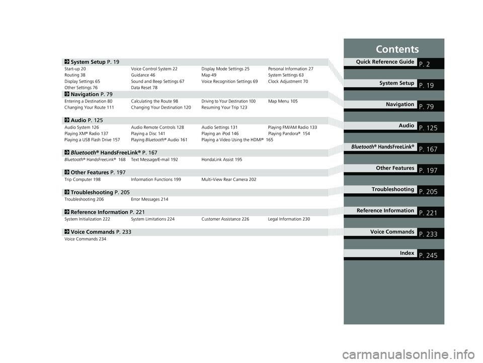 HONDA CIVIC SEDAN 2014  Navigation Manual (in English) Contents
2System Setup  P. 19Start-up 20 Voice Control System 22Display Mode Settings 25 Personal Information 27
Routing  38 Guidance 46 Map 49 System Settings 63
Display Settings 65 Sound and Beep Se