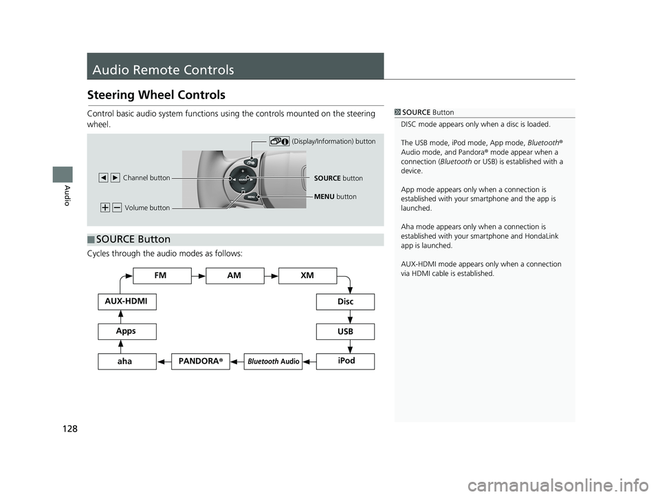 HONDA CIVIC SEDAN 2014 Navigation Manual (in English) 128
Audio
Audio Remote Controls
Steering Wheel Controls
1SOURCE Button
DISC mode appears only when a disc is loaded.
The USB mode, iPod mode, App mode, Bluetooth®
Audio mode, and Pandora ® mode a HONDA CIVIC SEDAN 2014 Navigation Manual (in English) 128
Audio
Audio Remote Controls
Steering Wheel Controls
1SOURCE Button
DISC mode appears only when a disc is loaded.
The USB mode, iPod mode, App mode, Bluetooth®
Audio mode, and Pandora ® mode a