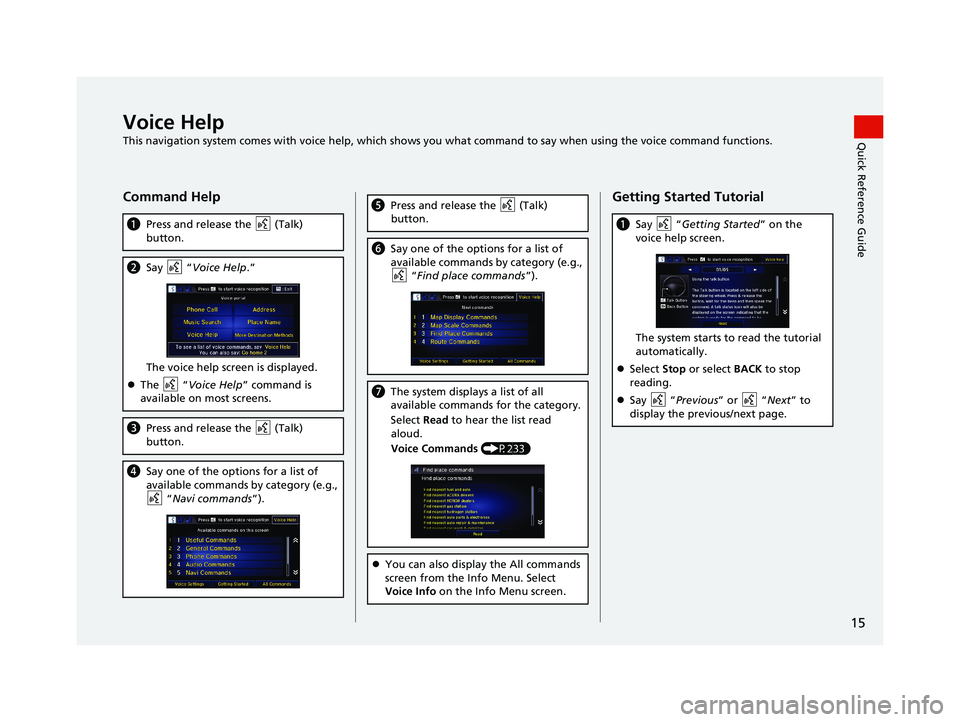 HONDA CIVIC SEDAN 2014  Navigation Manual (in English) 15
Quick Reference GuideVoice Help
This navigation system comes with voice help, which shows you what command to say when using the voice command functions.
Command Help
 (Talk) 
a Press and  release 