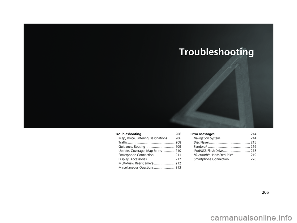 HONDA CIVIC SEDAN 2014 Navigation Manual (in English) 205
Troubleshooting
Troubleshooting....................................206
Map, Voice, Entering Destinations .........206
Traffic ...................................................208Guidance, Routin HONDA CIVIC SEDAN 2014 Navigation Manual (in English) 205
Troubleshooting
Troubleshooting....................................206
Map, Voice, Entering Destinations .........206
Traffic ...................................................208Guidance, Routin