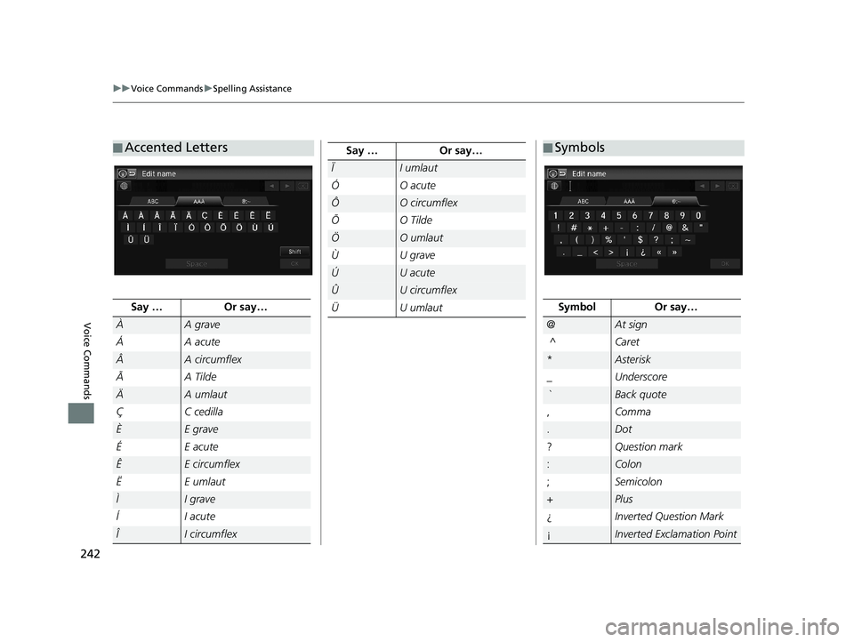 HONDA CIVIC SEDAN 2014 Navigation Manual (in English) ■Accented Letters
Say …Or say…
ÀA grave
Á
A acute
ÂA circumflex
Ã
A Tilde
ÄA umlaut
Ç
C cedilla
ÈE grave
É
E acute
ÊE circumflex
Ë
E umlaut
ÌI grave
Í
I acute
ÎI circumflex
Say …O HONDA CIVIC SEDAN 2014 Navigation Manual (in English) ■Accented Letters
Say …Or say…
ÀA grave
Á
A acute
ÂA circumflex
Ã
A Tilde
ÄA umlaut
Ç
C cedilla
ÈE grave
É
E acute
ÊE circumflex
Ë
E umlaut
ÌI grave
Í
I acute
ÎI circumflex
Say …O