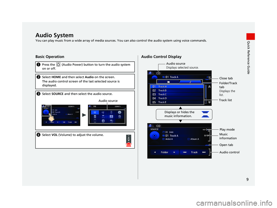 HONDA CIVIC SEDAN 2014 Navigation Manual (in English) 9
Quick Reference GuideAudio System
You can play music from a wide array of media sources. You can also control the audio system using voice commands.
Basic Operation
(Audio Power) button to turn the HONDA CIVIC SEDAN 2014 Navigation Manual (in English) 9
Quick Reference GuideAudio System
You can play music from a wide array of media sources. You can also control the audio system using voice commands.
Basic Operation
(Audio Power) button to turn the