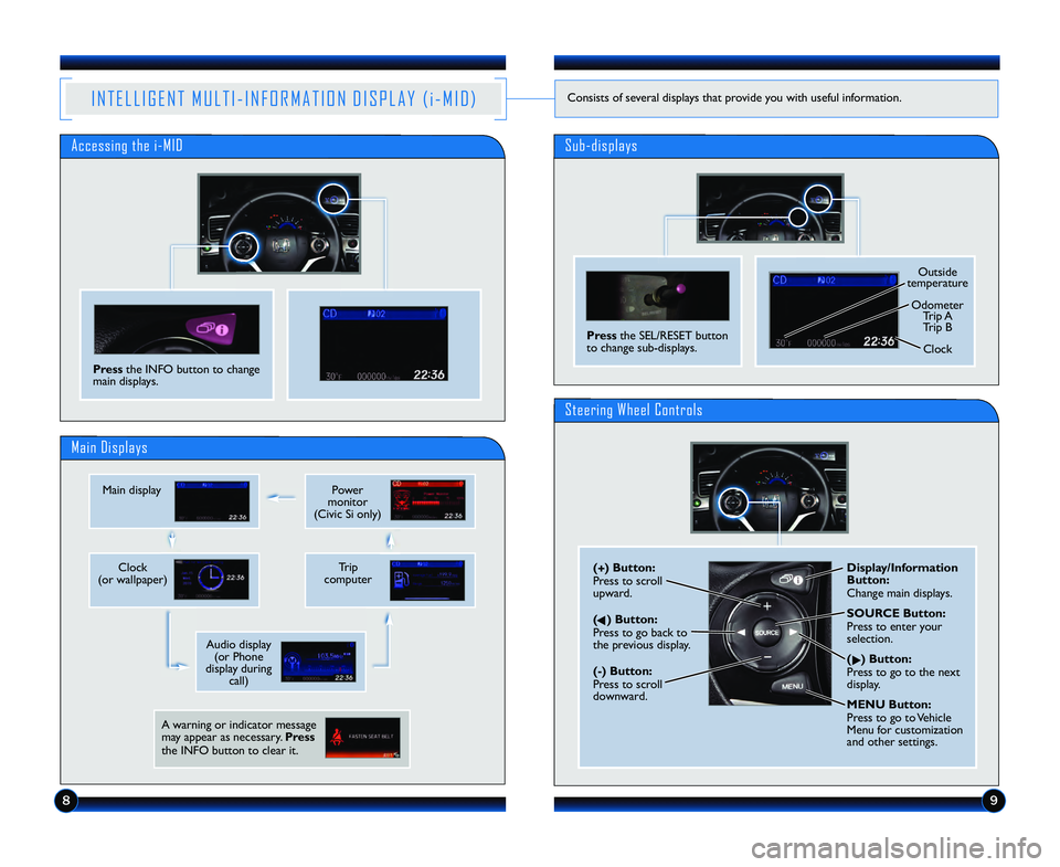 HONDA CIVIC COUPE 2013  Owners Manual (in English) \b9
I N T E L L I G E N T   M U L T I � I N F O R M A T I O N   D I S P L A Y   ( i � M I D )Consists of several displays that provide you with useful information.
Clock
(or wallpa per)Trip 
computer
