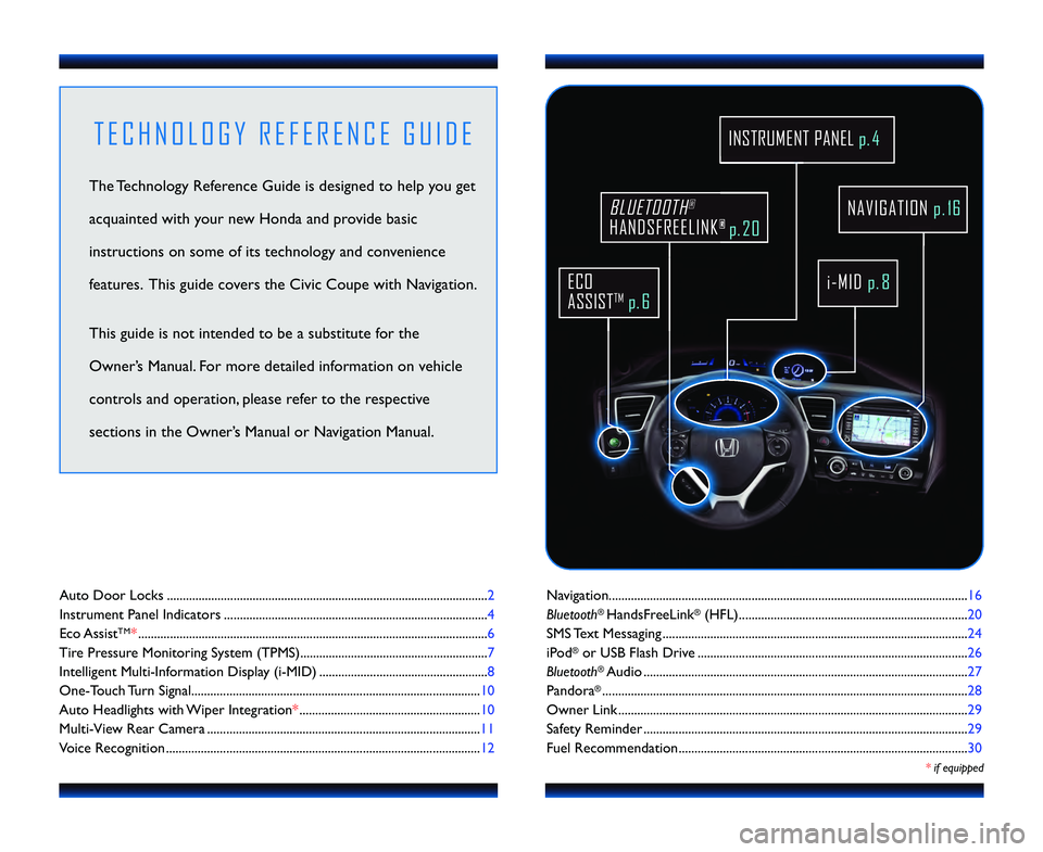 HONDA CIVIC COUPE 2013  Navigation Manual (in English) Navigation.................................................................................................................\f6
Bluetooth
®HandsFreeLink®(HFL).........................................