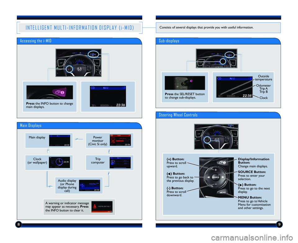 HONDA CIVIC SEDAN 2013  Navigation Manual (in English) \b9
I N T E L L I G E N T   M U L T I � I N F O R M A T I O N   D I S P L A Y   ( i � M I D )Consists of several displays that provide you with useful information.
Clock
(or wallpa per)Trip 
computer
