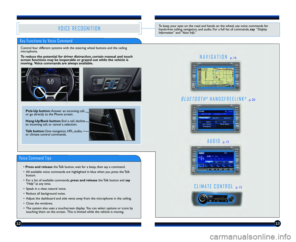 HONDA CIVIC COUPE 2013  Navigation Manual (in English) 1213
Key Functions by Voice Command
A U D I Op. \f5
C L I M A T E   C O N T R O Lp.  \f5
N A V I G A T I O Np. \f6
B L U E T O O T H®H A N D S F R E E L I N K®p. 20
V O I C E   R E C O G N I T I O N