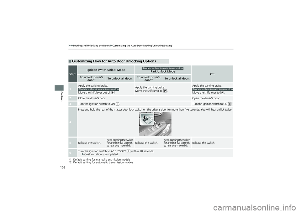 HONDA CIVIC SEDAN 2013 Owners Manual (in English) 108
uuLocking and Unlocking the Doors uCustomizing the Auto Door Locking/Unlocking Setting*
Controls
*1: Default setting for manual transmission models
*2: Default setting for automatic transmission m HONDA CIVIC SEDAN 2013 Owners Manual (in English) 108
uuLocking and Unlocking the Doors uCustomizing the Auto Door Locking/Unlocking Setting*
Controls
*1: Default setting for manual transmission models
*2: Default setting for automatic transmission m