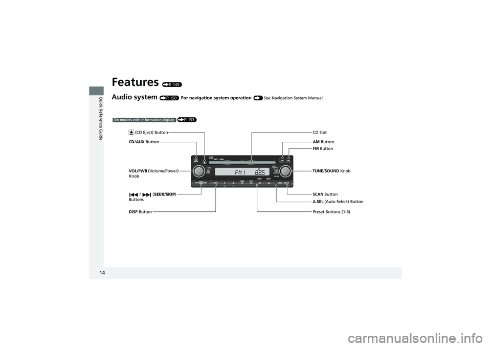 HONDA CIVIC SEDAN 2013   (in English) User Guide 14
Quick Reference Guide
Features (P 149)
Audio system (P 150) For navigation system operation () See Navigation System Manual
AM Button
FM Button
CD/AUX
 Button CD Slot
SCAN Button Preset Buttons (1-