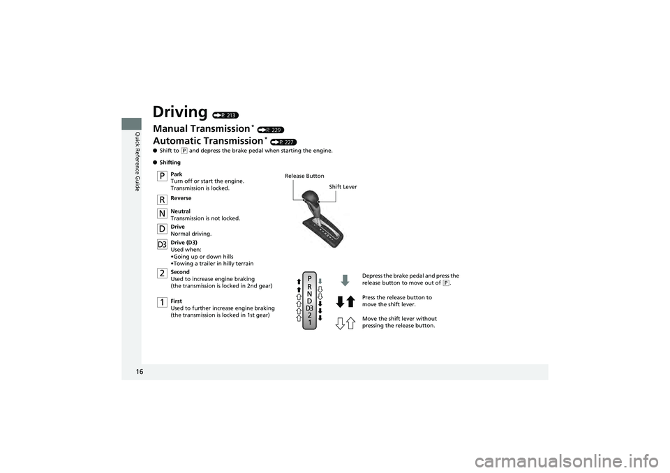 HONDA CIVIC SEDAN 2013   (in English) User Guide 16
Quick Reference Guide
Driving (P 213)
2
1
D3
P
R
N
DRelease Button
Shift Lever
Depress the brake pedal and press the 
release button to move out of 
(P.
Move the shift lever without 
pressing the  