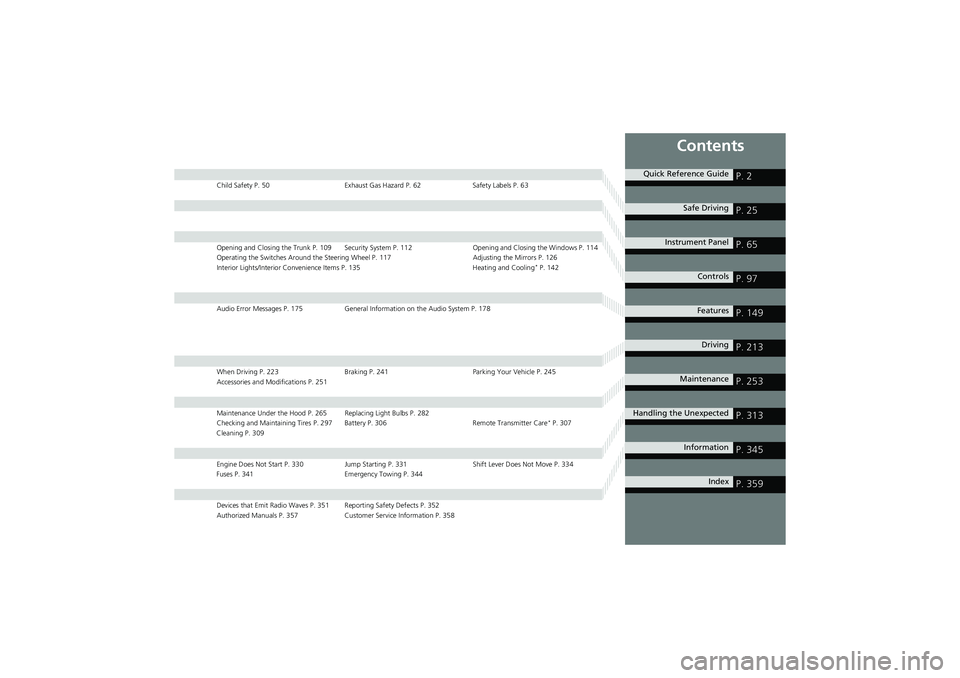 HONDA CIVIC SEDAN 2013  Owners Manual (in English) Contents
Child Safety P. 50Exhaust Gas Hazard P. 62 Safety Labels P. 63
Opening and Closing the Trunk P. 109 Security Sy stem P. 112 Opening and Closing the Windows P. 114
Operating the Switches Aroun