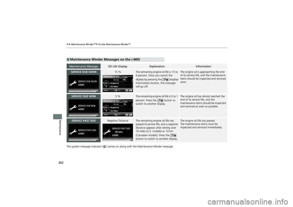 HONDA CIVIC SEDAN 2013 Owners Manual (in English) 262
uuMaintenance MinderTMuTo Use Maintenance MinderTM
Maintenance
The system message indicator ( ) comes on along with the Maintenance Minder message.
■Maintenance Minder Messages on the i-MID
Mai HONDA CIVIC SEDAN 2013 Owners Manual (in English) 262
uuMaintenance MinderTMuTo Use Maintenance MinderTM
Maintenance
The system message indicator ( ) comes on along with the Maintenance Minder message.
■Maintenance Minder Messages on the i-MID
Mai