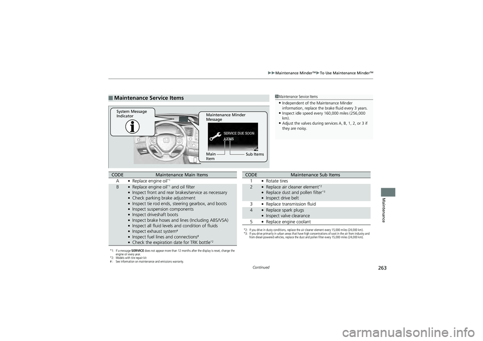 HONDA CIVIC SEDAN 2013 Owners Manual (in English) 263
uuMaintenance MinderTMuTo Use Maintenance MinderTM
Continued
Maintenance
■Maintenance Service Items1Maintenance Service Items
•Independent of the Maintenance Minder
information, replace the HONDA CIVIC SEDAN 2013 Owners Manual (in English) 263
uuMaintenance MinderTMuTo Use Maintenance MinderTM
Continued
Maintenance
■Maintenance Service Items1Maintenance Service Items
•Independent of the Maintenance Minder
information, replace the