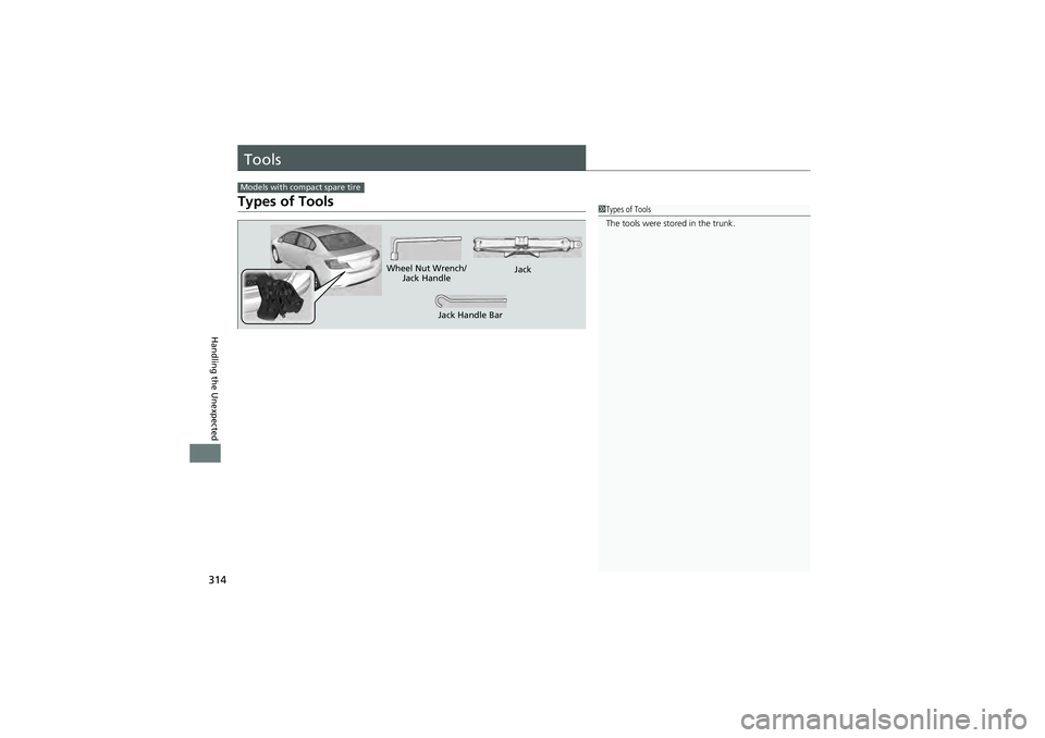 HONDA CIVIC SEDAN 2013 Owners Manual (in English) 314
Handling the Unexpected
Tools
Types of Tools
Models with compact spare tire
1Types of Tools
The tools were stored in the trunk.
Wheel Nut Wrench/
Jack Handle Jack
Jack Handle Bar HONDA CIVIC SEDAN 2013 Owners Manual (in English) 314
Handling the Unexpected
Tools
Types of Tools
Models with compact spare tire
1Types of Tools
The tools were stored in the trunk.
Wheel Nut Wrench/
Jack Handle Jack
Jack Handle Bar