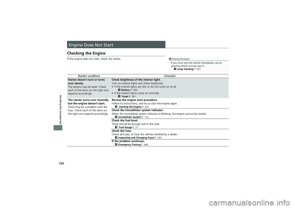 HONDA CIVIC SEDAN 2013 Owners Manual (in English) 330
Handling the Unexpected
Engine Does Not Start
Checking the Engine
If the engine does not start, check the starter.
Starter conditionChecklist
Starter doesn’t turn or turns
over slowly.
The batt HONDA CIVIC SEDAN 2013 Owners Manual (in English) 330
Handling the Unexpected
Engine Does Not Start
Checking the Engine
If the engine does not start, check the starter.
Starter conditionChecklist
Starter doesn’t turn or turns
over slowly.
The batt