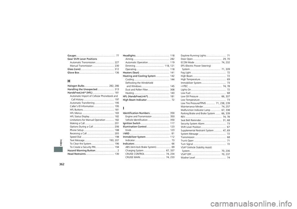 HONDA CIVIC SEDAN 2013  Owners Manual (in English) 362
Index
Gauges.........................................................  77
Gear Shift Lever Positions Automatic Transmission ........................... 227
Manual Transmission ....................