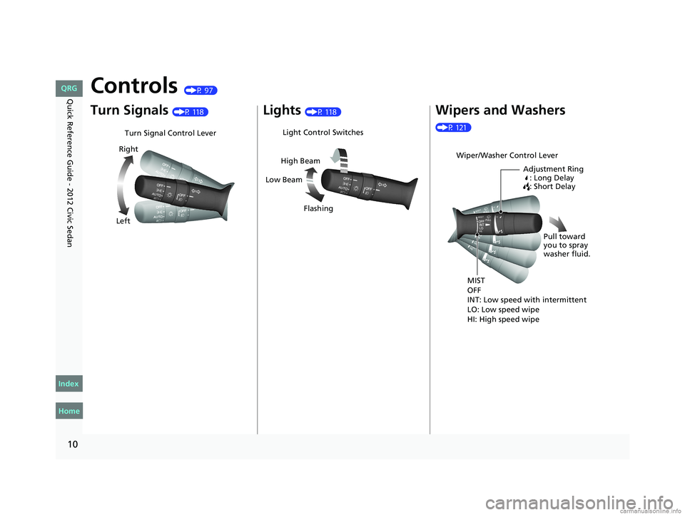 HONDA CIVIC SEDAN 2012 (in English) User Guide 10
Quick Reference Guide - 2012 Civic SedanControls (P 97)
Turn Signals (P 118)
Turn Signal Control Lever
Right
Left
Lights (P 118)
Light Control Switches
Low Beam High Beam
Flashing
Wipers and Washer HONDA CIVIC SEDAN 2012 (in English) User Guide 10
Quick Reference Guide - 2012 Civic SedanControls (P 97)
Turn Signals (P 118)
Turn Signal Control Lever
Right
Left
Lights (P 118)
Light Control Switches
Low Beam High Beam
Flashing
Wipers and Washer