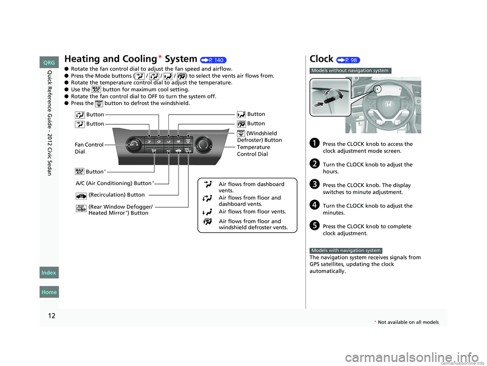 HONDA CIVIC SEDAN 2012 (in English) User Guide 12
Quick Reference Guide - 2012 Civic Sedan
Heating and Cooling* System (P 140)
● Rotate the fan control dial to adjust the fan speed and airflow.
● Press the Mode buttons ( / / / ) to sele HONDA CIVIC SEDAN 2012 (in English) User Guide 12
Quick Reference Guide - 2012 Civic Sedan
Heating and Cooling* System (P 140)
● Rotate the fan control dial to adjust the fan speed and airflow.
● Press the Mode buttons ( / / / ) to sele