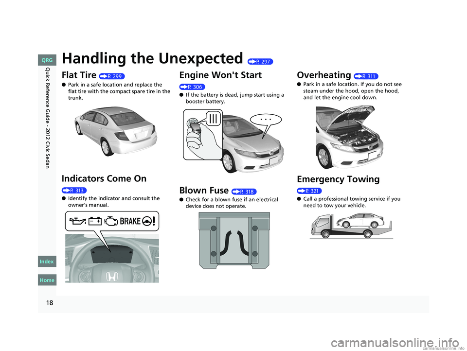 HONDA CIVIC SEDAN 2012 (in English) User Guide 18
Quick Reference Guide - 2012 Civic SedanHandling the Unexpected (P 297)
Flat Tire (P 299)
● Park in a safe location and replace the
flat tire with the compact spare tire in the
trunk.
Indicator HONDA CIVIC SEDAN 2012 (in English) User Guide 18
Quick Reference Guide - 2012 Civic SedanHandling the Unexpected (P 297)
Flat Tire (P 299)
● Park in a safe location and replace the
flat tire with the compact spare tire in the
trunk.
Indicator