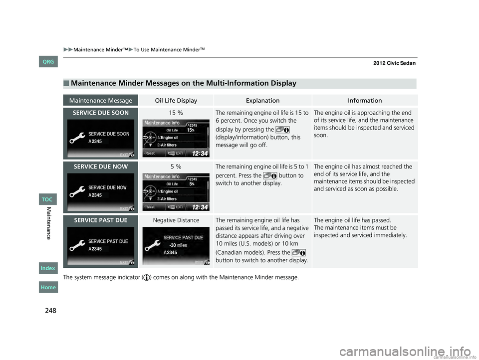 HONDA CIVIC SEDAN 2012 Owners Manual (in English) 248
uuMaintenance Minder™ uTo Use Maintenance MinderTM
Maintenance
The system message indicator ( ) comes on along with the Maintenance Minder message.
■Maintenance Minder Messages on the Multi-In HONDA CIVIC SEDAN 2012 Owners Manual (in English) 248
uuMaintenance Minder™ uTo Use Maintenance MinderTM
Maintenance
The system message indicator ( ) comes on along with the Maintenance Minder message.
■Maintenance Minder Messages on the Multi-In