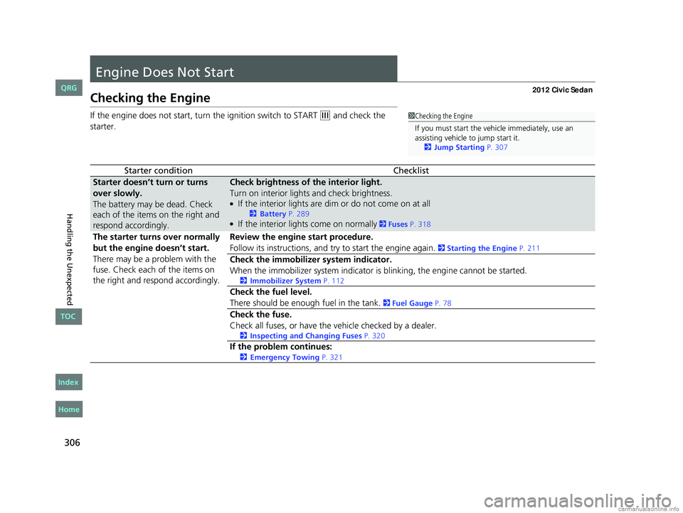 HONDA CIVIC SEDAN 2012 Owners Manual (in English) 306
Handling the Unexpected
Engine Does Not Start
Checking the Engine
If the engine does not start, turn the ignition switch to START (e and check the
starter.
Starter conditionChecklist
Starter does HONDA CIVIC SEDAN 2012 Owners Manual (in English) 306
Handling the Unexpected
Engine Does Not Start
Checking the Engine
If the engine does not start, turn the ignition switch to START (e and check the
starter.
Starter conditionChecklist
Starter does