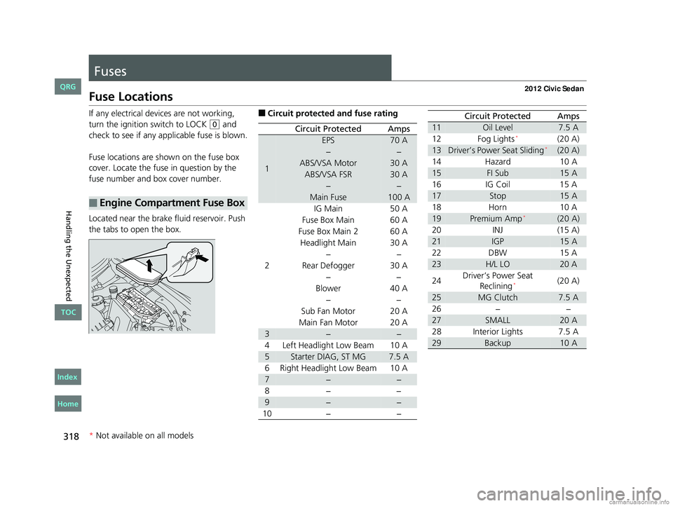 HONDA CIVIC SEDAN 2012 Owners Manual (in English) 318
Handling the Unexpected
Fuses
Fuse Locations
If any electrical devices are not working,
turn the ignition switch to LOCK
(0 and
check to see if any appl icable fuse is blown.
Fuse locations are HONDA CIVIC SEDAN 2012 Owners Manual (in English) 318
Handling the Unexpected
Fuses
Fuse Locations
If any electrical devices are not working,
turn the ignition switch to LOCK
(0 and
check to see if any appl icable fuse is blown.
Fuse locations are