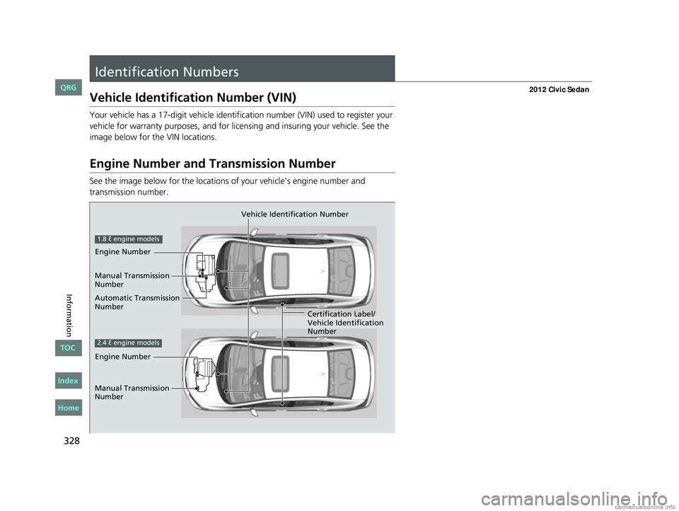 HONDA CIVIC SEDAN 2012 Owners Manual (in English) 328
Information
Identification Numbers
Vehicle Identification Number (VIN)
Your vehicle has a 17-digit vehicle identification number (VIN) used to register your
vehicle for warranty purposes, and for HONDA CIVIC SEDAN 2012 Owners Manual (in English) 328
Information
Identification Numbers
Vehicle Identification Number (VIN)
Your vehicle has a 17-digit vehicle identification number (VIN) used to register your
vehicle for warranty purposes, and for