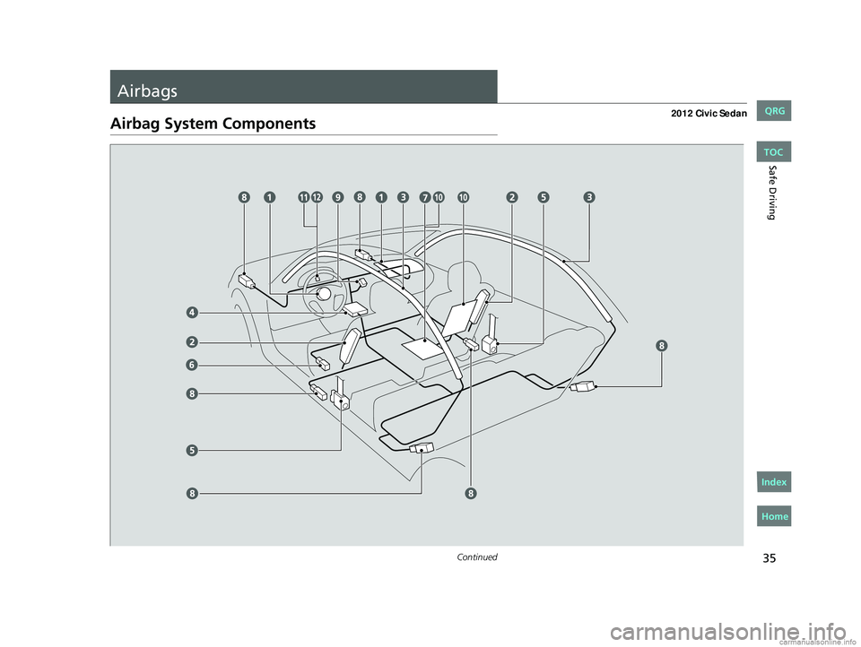 HONDA CIVIC SEDAN 2012 (in English) Owners Guide 35Continued
Safe Driving
Airbags
Airbag System Components
CIVIC 4D-31TR3600.book 35 ページ 2011年2月14日 月曜日 午後2時51分
TOC
Home
QRG
Index HONDA CIVIC SEDAN 2012 (in English) Owners Guide 35Continued
Safe Driving
Airbags
Airbag System Components
CIVIC 4D-31TR3600.book 35 ページ 2011年2月14日 月曜日 午後2時51分
TOC
Home
QRG
Index