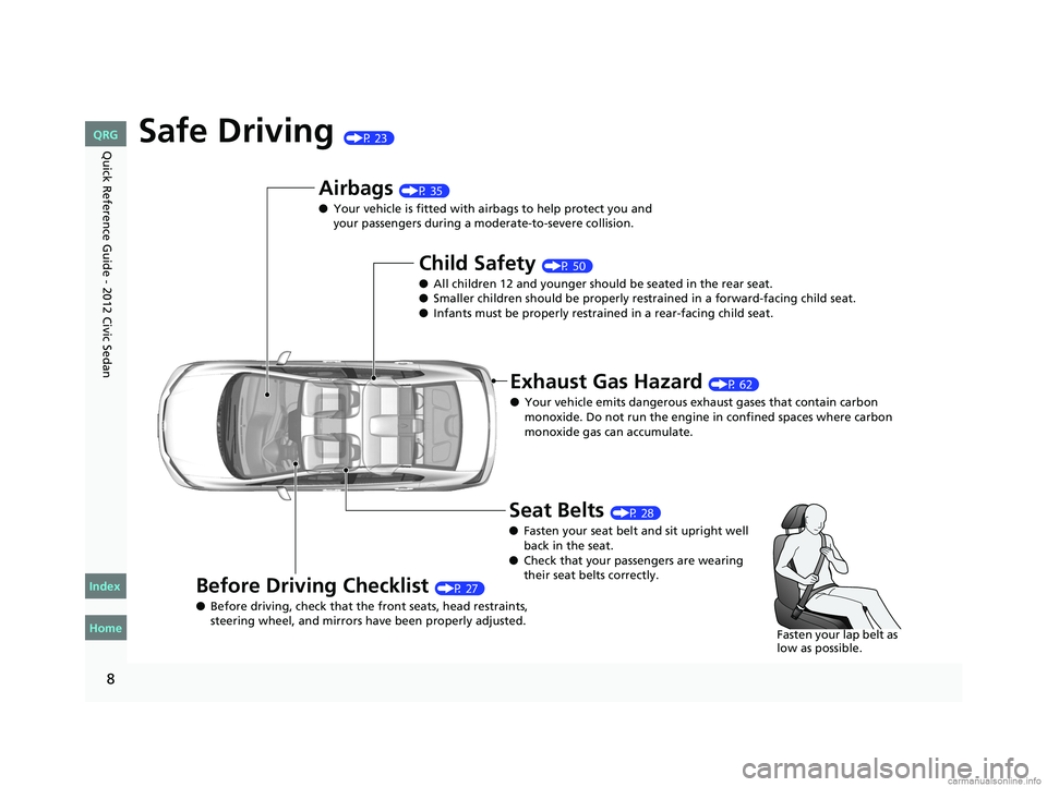 HONDA CIVIC SEDAN 2012  Owners Manual (in English) 8
Quick Reference Guide - 2012 Civic SedanSafe Driving (P 23)
Airbags (P 35)
● Your vehicle is fitted with ai rbags to help protect you and 
your passengers during a moderate-to-severe collision.
Ch