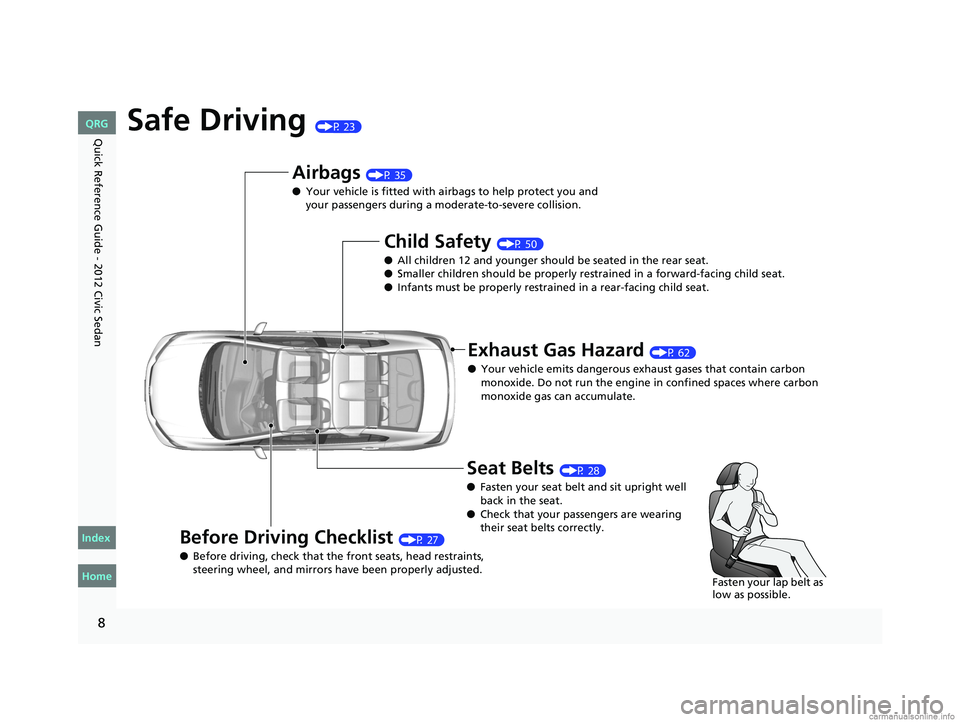 HONDA CIVIC SEDAN 2012 Owners Manual (in English) 8
Quick Reference Guide - 2012 Civic SedanSafe Driving (P 23)
Airbags (P 35)
● Your vehicle is fitted with ai rbags to help protect you and
your passengers during a moderate-to-severe collision.
Ch HONDA CIVIC SEDAN 2012 Owners Manual (in English) 8
Quick Reference Guide - 2012 Civic SedanSafe Driving (P 23)
Airbags (P 35)
● Your vehicle is fitted with ai rbags to help protect you and
your passengers during a moderate-to-severe collision.
Ch