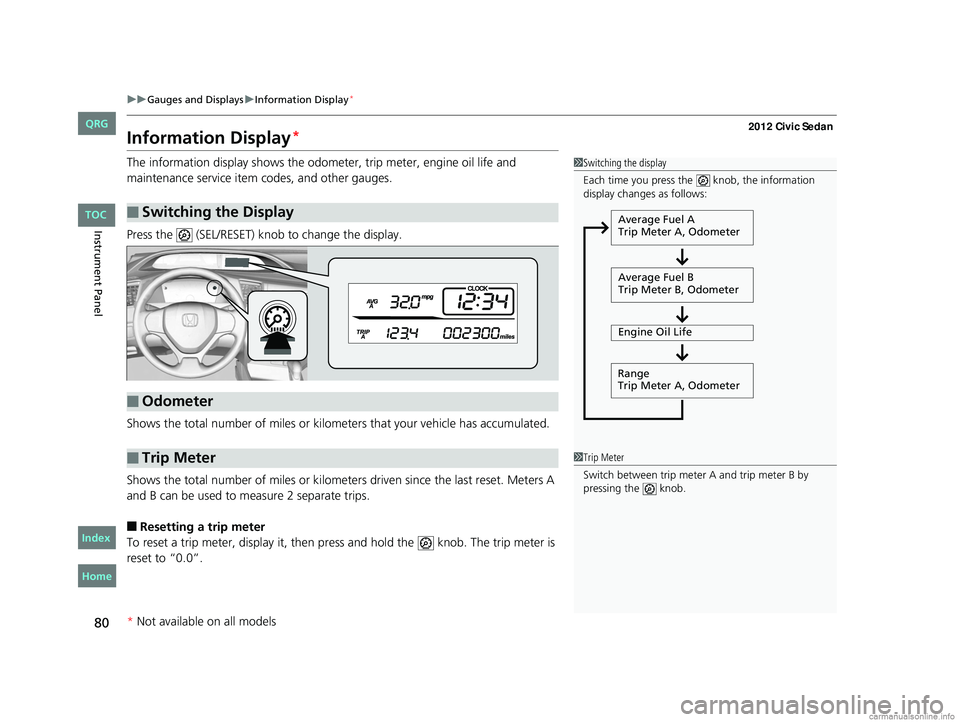 HONDA CIVIC SEDAN 2012   (in English) Manual Online 80
uuGauges and Displays uInformation Display*
Instrument Panel
Information Display*
The information display shows the odome ter, trip meter, engine oil life and 
maintenance service item codes, and o
