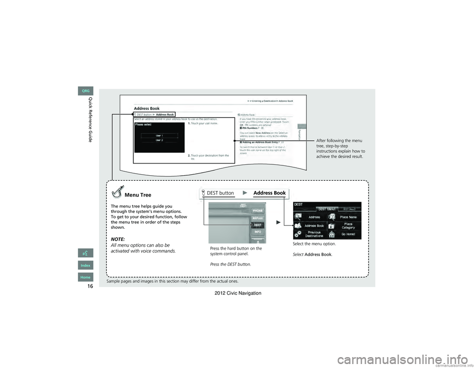 HONDA CIVIC SEDAN 2012 Navigation Manual (in English) 16
DEST buttonMenu Tree
The menu tree helps guide you
through the system’s menu options.
To get to your desired function, follow
the menu tree in order of the steps
shown.
NOTE:
All menu options HONDA CIVIC SEDAN 2012 Navigation Manual (in English) 16
DEST buttonMenu Tree
The menu tree helps guide you
through the system’s menu options.
To get to your desired function, follow
the menu tree in order of the steps
shown.
NOTE:
All menu options