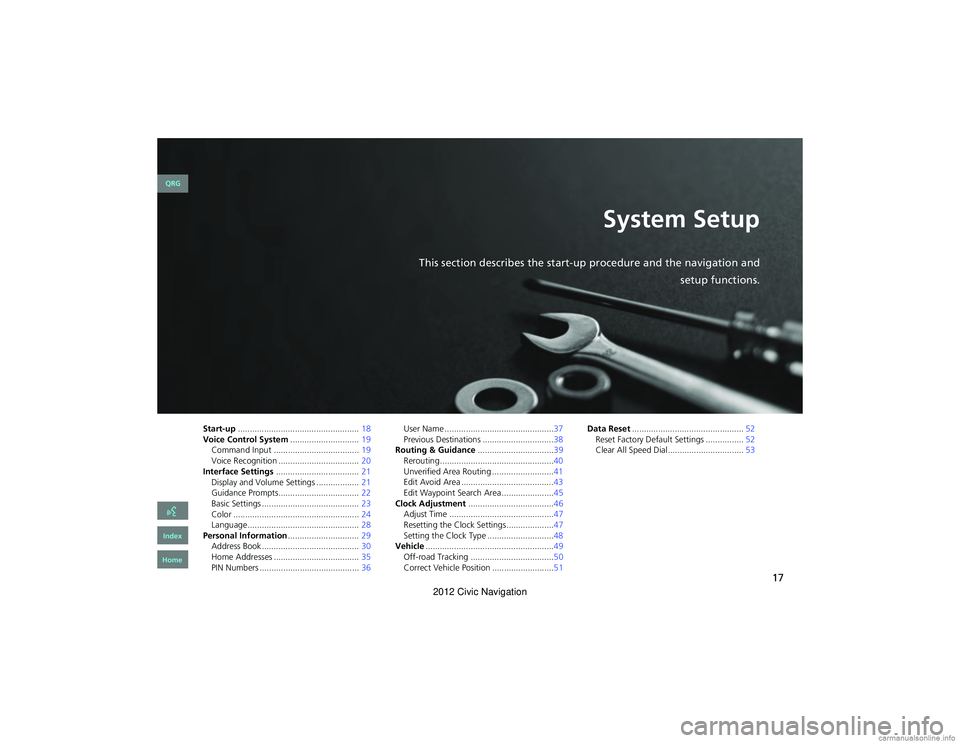 HONDA CIVIC SEDAN 2012 Navigation Manual (in English) 17
System Setup
This section describes the start-up procedure and the navigation and
setup functions.
Start-up................................................... 18
Voice Control System .............. HONDA CIVIC SEDAN 2012 Navigation Manual (in English) 17
System Setup
This section describes the start-up procedure and the navigation and
setup functions.
Start-up................................................... 18
Voice Control System ..............