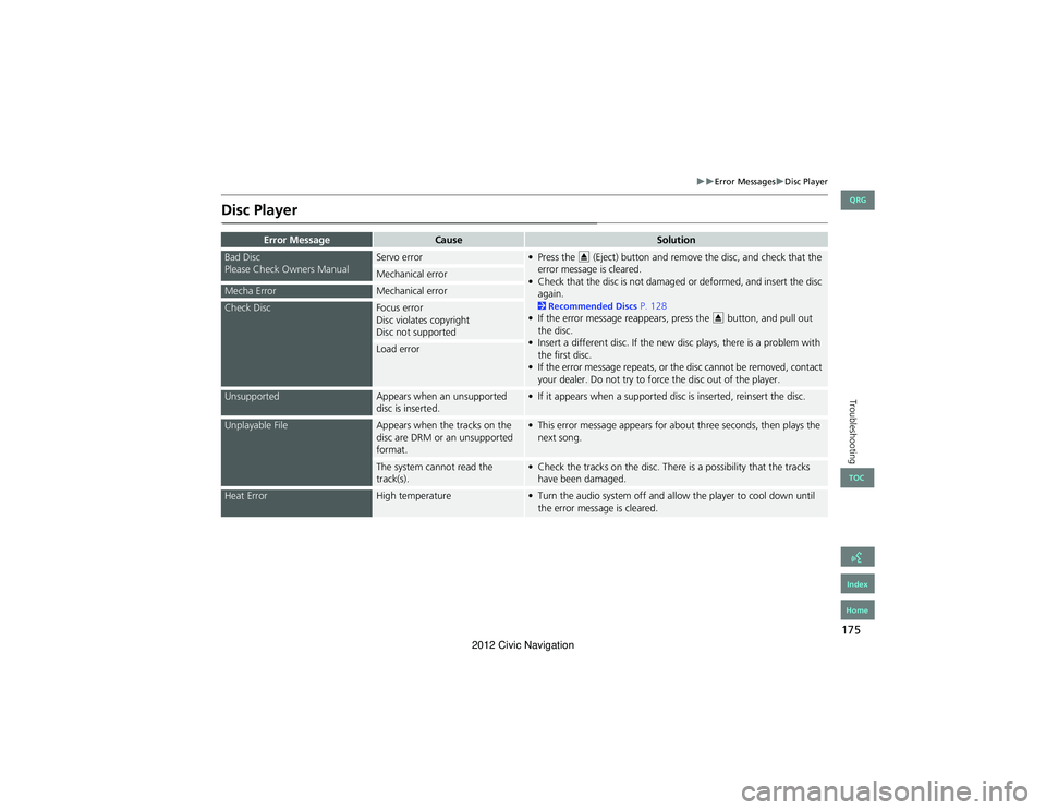 HONDA CIVIC SEDAN 2012 Navigation Manual (in English) 175
Error MessagesDisc Player
Troubleshooting
Disc Player
Error MessageCauseSolution
Bad Disc
Please Check Owners ManualServo error• Press the E (Eject) button and remove the disc, and chec HONDA CIVIC SEDAN 2012 Navigation Manual (in English) 175
Error MessagesDisc Player
Troubleshooting
Disc Player
Error MessageCauseSolution
Bad Disc
Please Check Owners ManualServo error• Press the E (Eject) button and remove the disc, and chec
