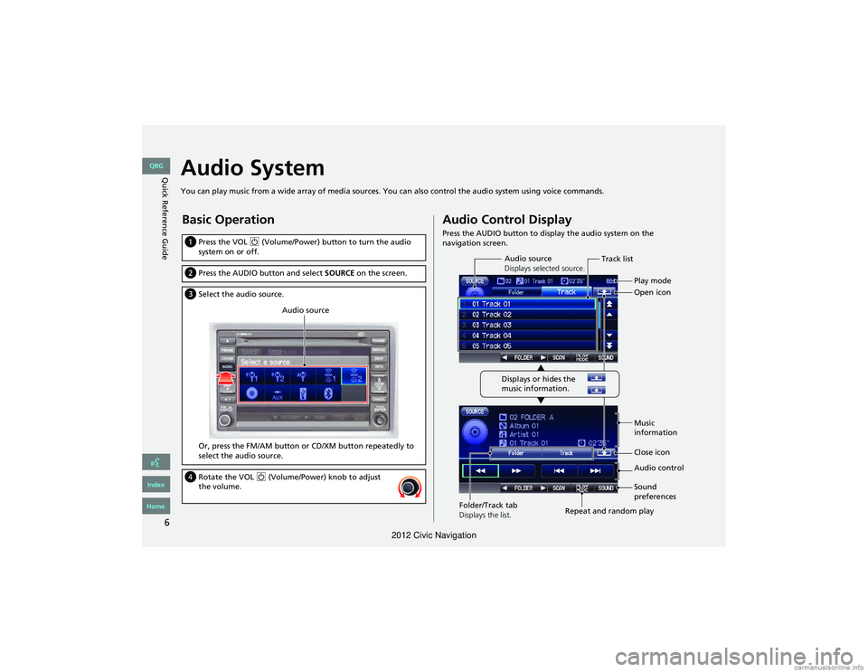 HONDA CIVIC SEDAN 2012  Navigation Manual (in English) 6
Quick Reference GuideAudio System
You can play music from a wide array of media sources. You can also control the audio system using voice commands.
Basic Operation
aPress the VOL  9 (Volume/Power) 