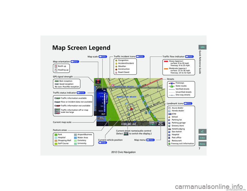 HONDA CIVIC SEDAN 2012  Navigation Manual (in English) 7
Quick Reference GuideMap Screen Legend
Map orientation (P97)
GPS signal strength
North up
Heading up Best reception
Good reception
No icon: Poor/No reception
Traffic status  indicator (P99)
Traffic 