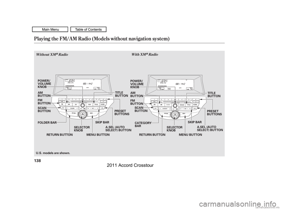 HONDA CROSSTOUR 2011  Owners Manual (in English) Playing the FM/A M Radio (Models without navigation system)
Without XMRadioWith XMRadio
138
SKIP BAR
SELECTOR
KNOB PRESET
BUTTONS
RETURN BUTTON A.SEL (AUTO
SELECT) BUTTONSCAN
BUTTON
MENU BUTTONSKIP BA