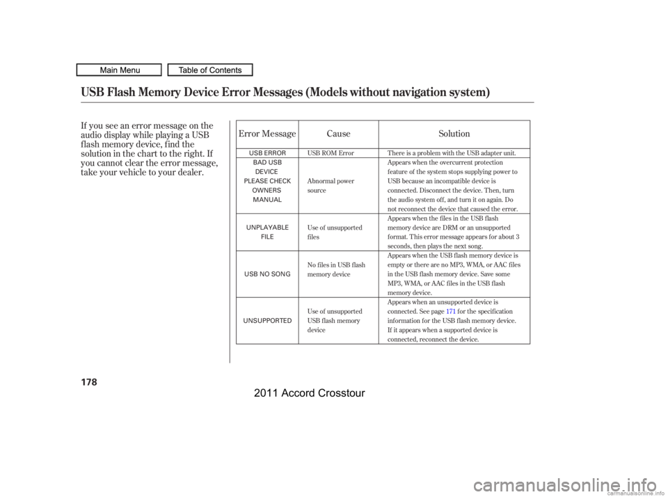 HONDA CROSSTOUR 2011  Owners Manual (in English) If you see an error message on the
audio display while playing a USB
f lash memory device, f ind the
solution in the chart to the right. If
you cannot clear the error message,
take your vehicle to you