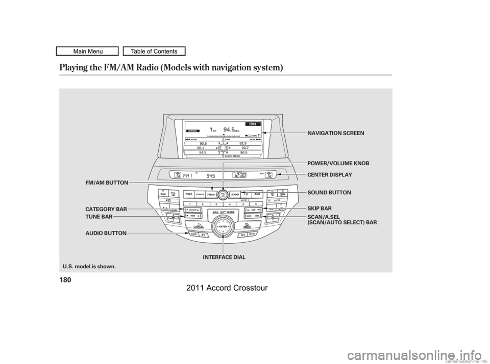 HONDA CROSSTOUR 2011  Owners Manual (in English) Playing the FM/A M Radio (Models with navigation system)
180
INTERFACE DIALCENTER DISPLAY
SKIP BAR NAVIGATION SCREEN
POWER/VOLUME KNOB
TUNE BAR FM/AM BUTTON
CATEGORY BAR
AUDIO BUTTON SOUND BUTTON
U.S.