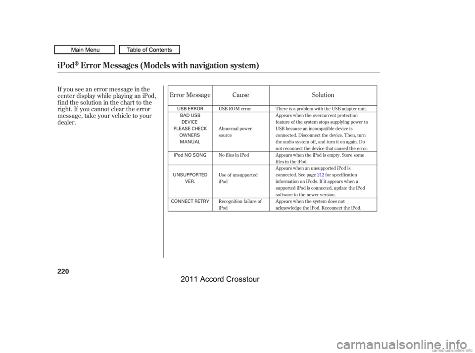 HONDA CROSSTOUR 2011  Owners Manual (in English) If you see an error message in the
center display while playing an iPod,
f ind the solution in the chart to the
right. If you cannot clear the error
message, take your vehicle to your
dealer.Solution
