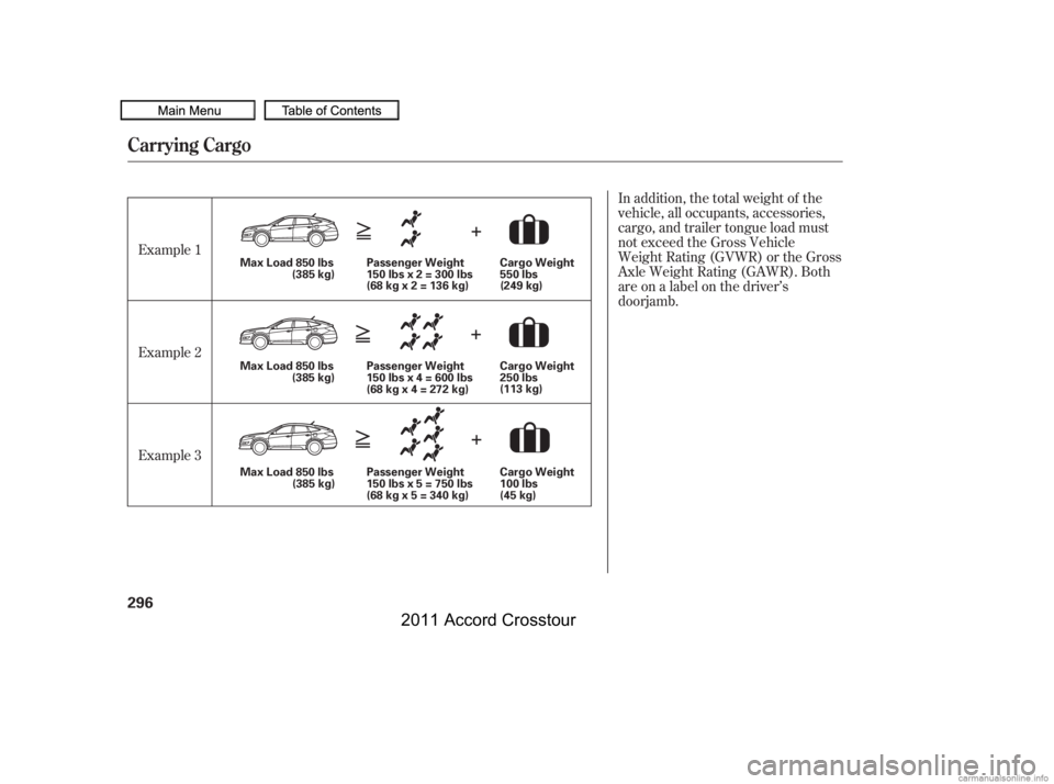 HONDA CROSSTOUR 2011  Owners Manual (in English) In addition, the total weight of the
vehicle, all occupants, accessories,
cargo, and trailer tongue load must
not exceed the Gross Vehicle
Weight Rating (GVWR) or the Gross
Axle Weight Rating (GAWR). 