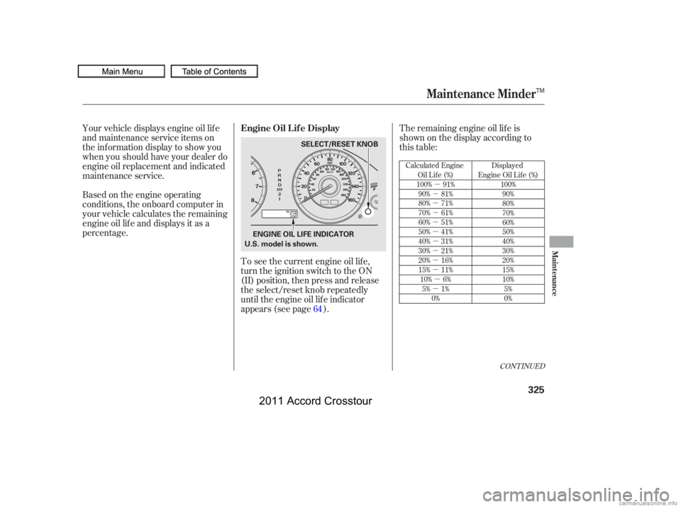 HONDA CROSSTOUR 2011  Owners Manual (in English) µ
µ
µ
µ
µ
µ
µ
µ
µ
µ µ
µ
CONT INUED
Calculated Engine Oil Lif e (%)
100% 91% 90% 81%
80% 71%
70% 61%
60% 51%
50% 41%
40% 31%
30% 21%
20% 16%
15% 11%10% 6% 5% 1% 0% Displayed
Eng