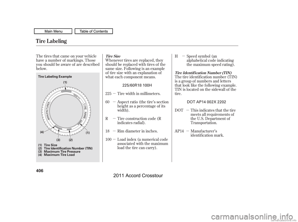 HONDA CROSSTOUR 2011  Owners Manual (in English) µ
µ
µ
µ
µ µ
µ
µ
The tires that came on your vehicle
have a number of markings. Those
you should be aware of are described
below.
Whenever tires are replaced, they
should be replaced wi