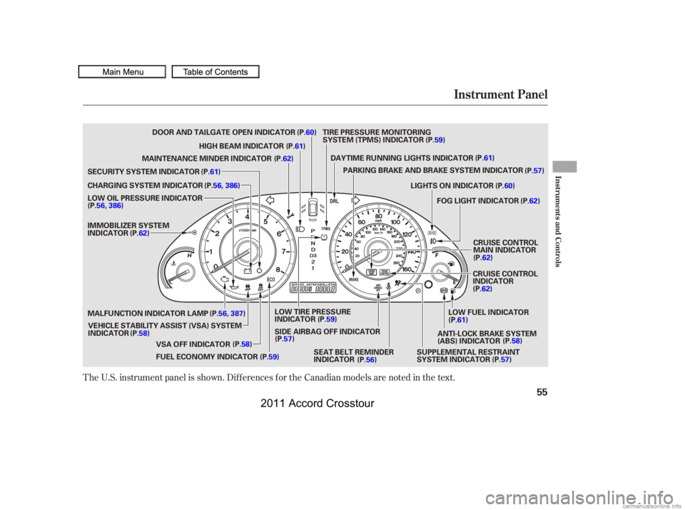 HONDA CROSSTOUR 2011   (in English) Workshop Manual The U.S. instrument panel is shown. Dif f erences f or the Canadian models are noted in the text.
Instrument Panel
Inst rument s and Cont rols
55
LOW FUEL INDICATOR
ANTI-LOCK BRAKE SYSTEM
(ABS) INDICA