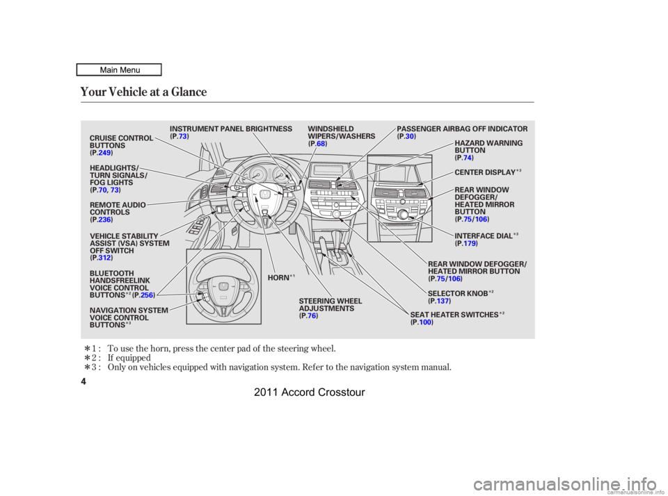 HONDA CROSSTOUR 2011  Owners Manual (in English) Î Î
Î
Î
Î
Î ÎÎ
Î
Î
Only on vehicles equipped with navigation system. Ref er to the navigation system manual. If equipped
To use the horn, press the center pad of the steering wheel